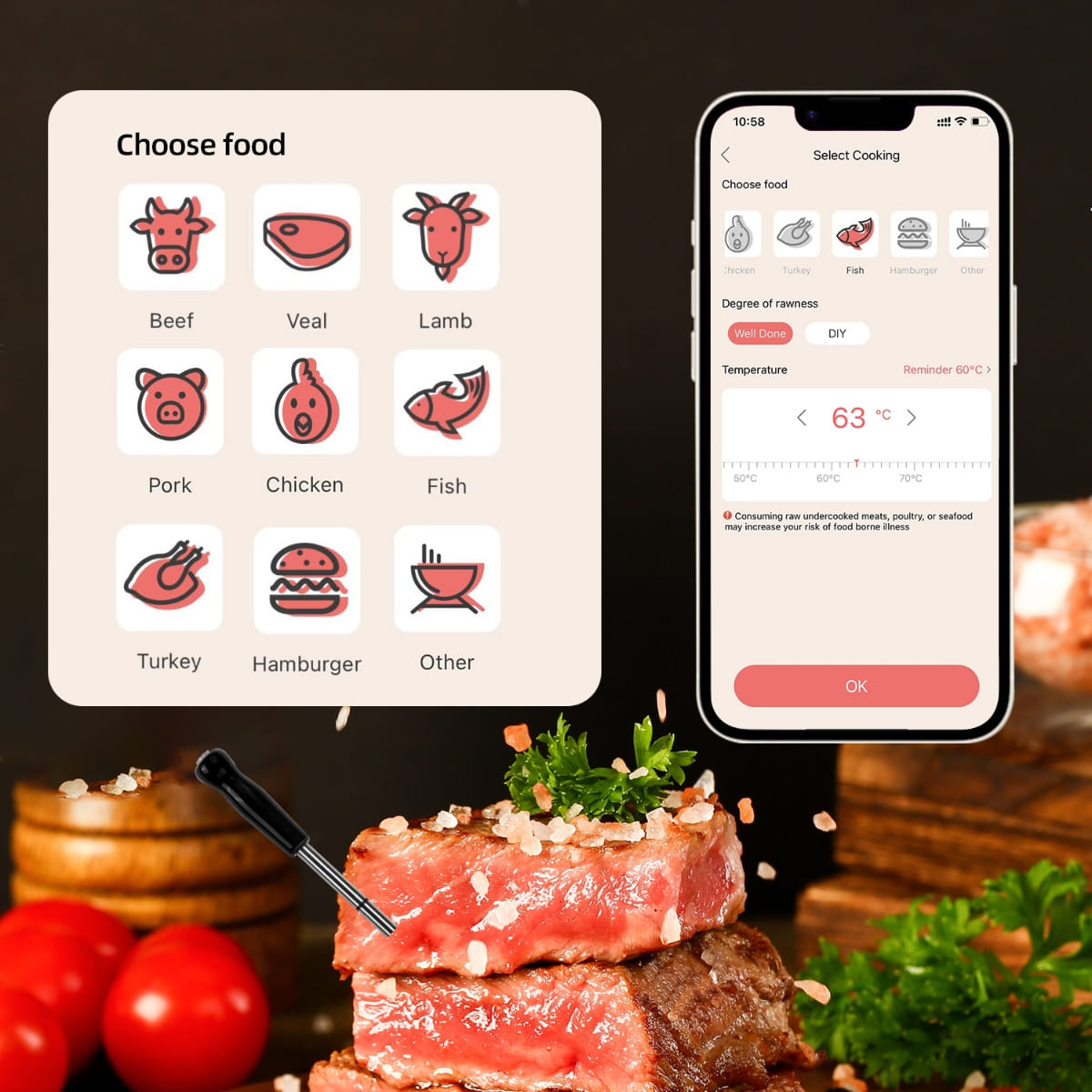 Bezprzewodowy termometr do mięsa - aplikacja na telefon komórkowy