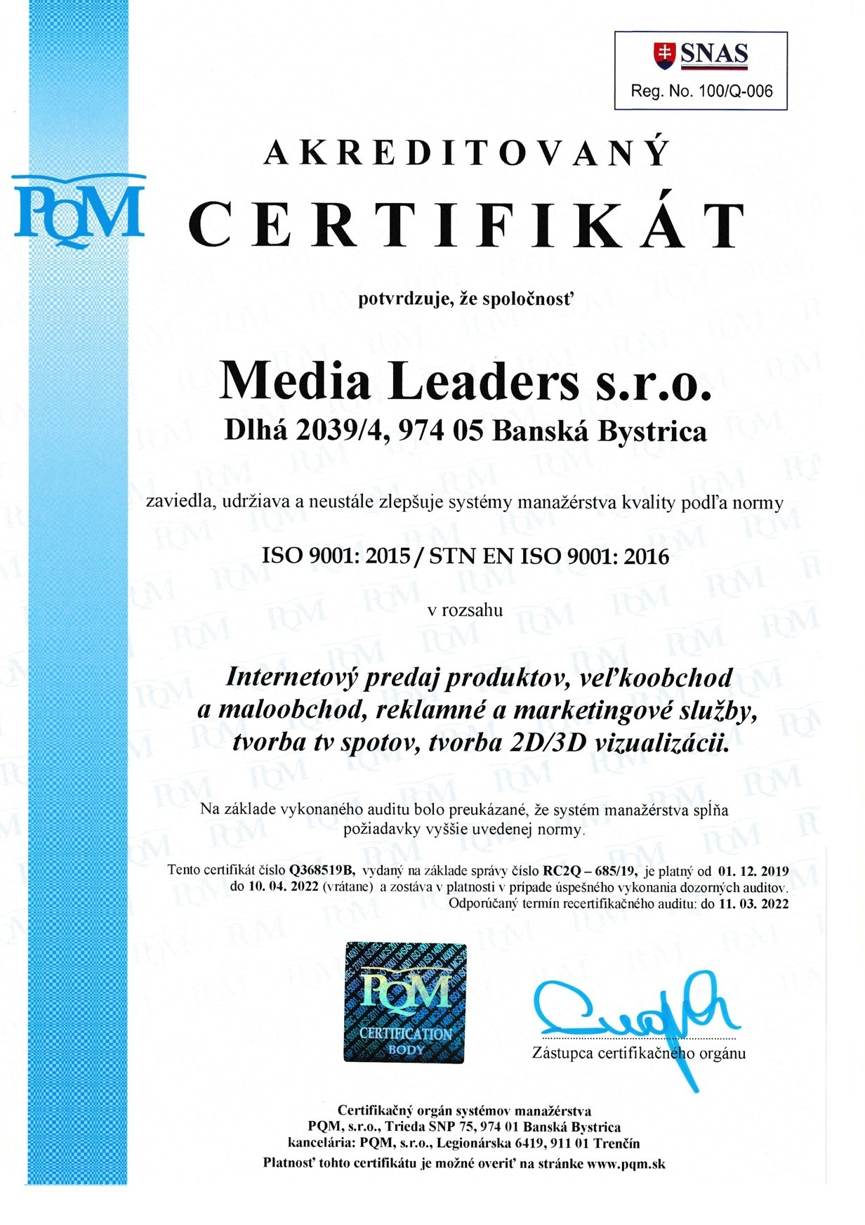 certyfikat ISO 9001 Media Leaders sro