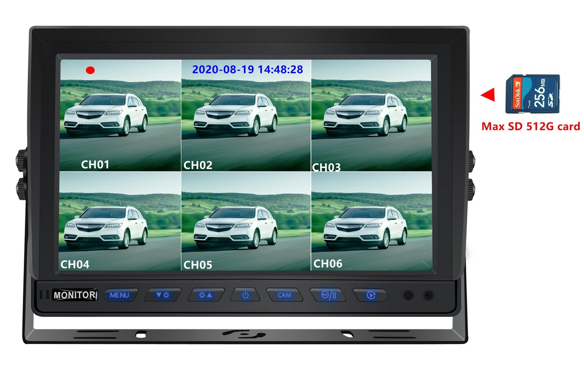 10-calowy tylny monitor z nagrywaniem na karcie SD Obsługa 8 kamer