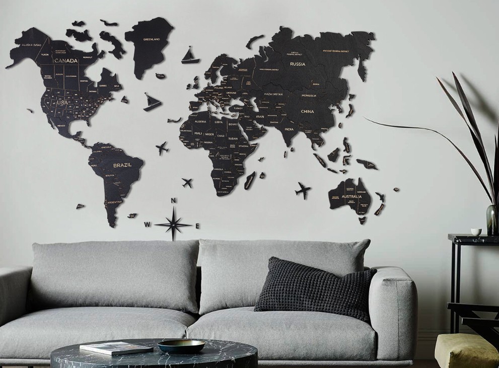światowa mapa podróży na ścianie w kolorze czarnym
