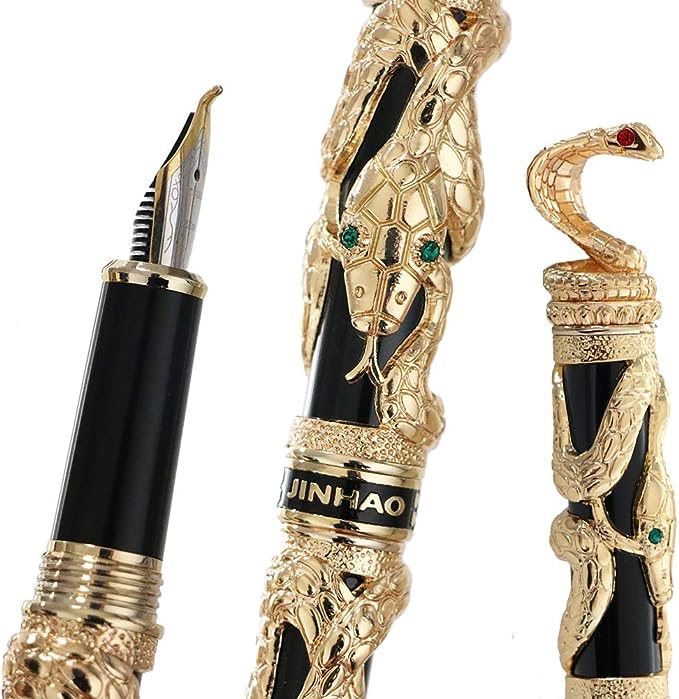złoty długopis ozdobiony piórem z kobrą węża