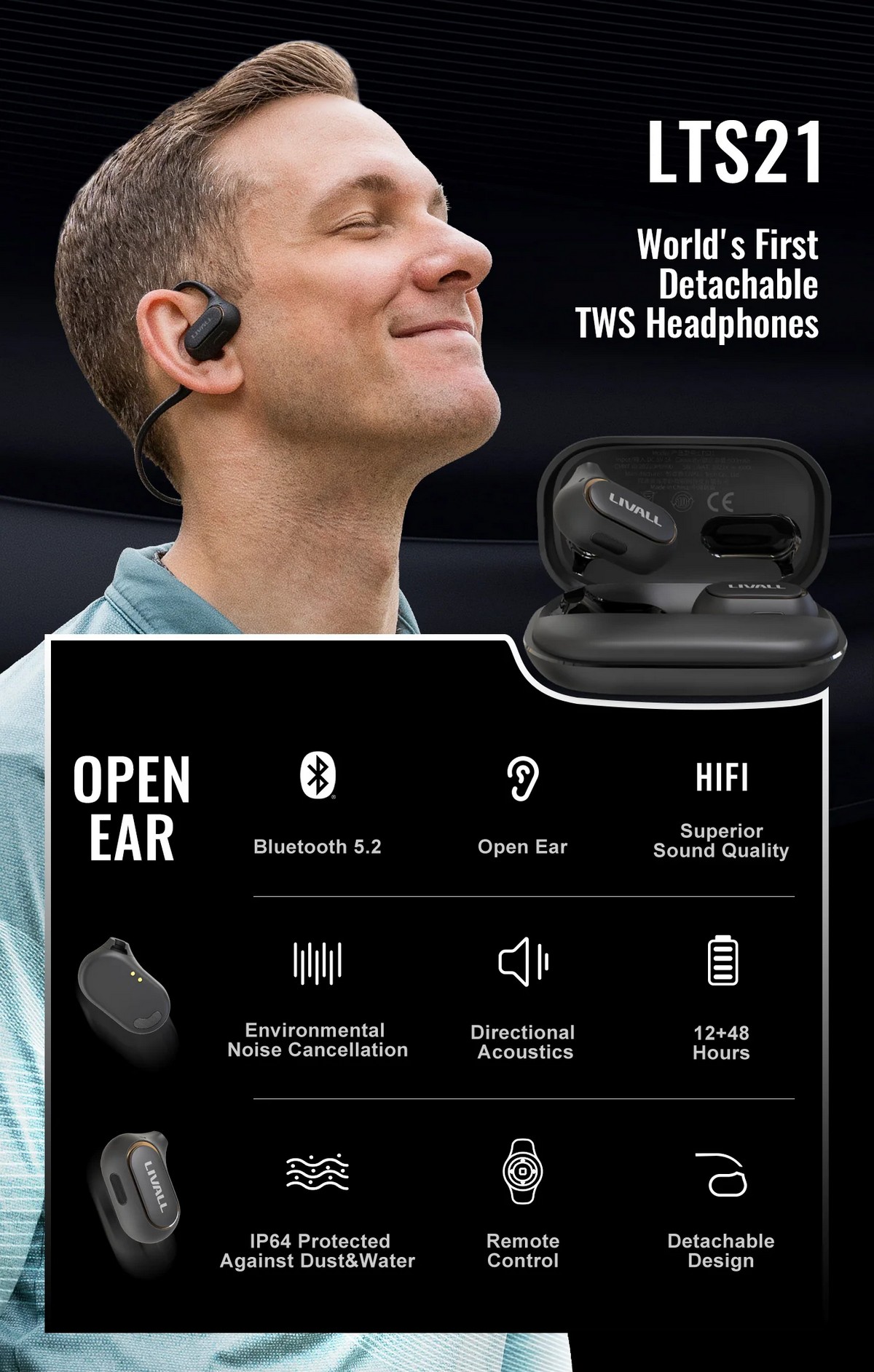Sportowe słuchawki bezprzewodowe z bluetooth — odłączana konstrukcja z otwartymi uszami
