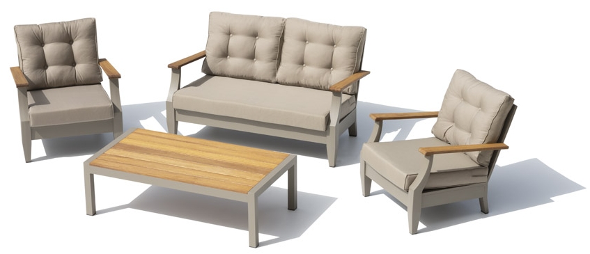 Miejsce do siedzenia na tarasie w luksusowym, nowoczesnym ogrodzie - kanapa z fotelami dla 4 osób + stół