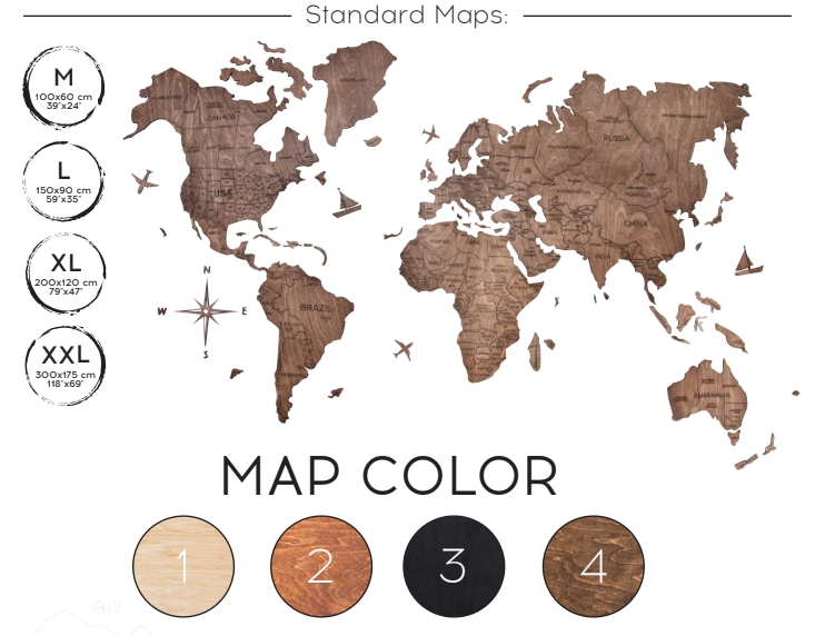 Drewniana mapa świata w kolorze dębu