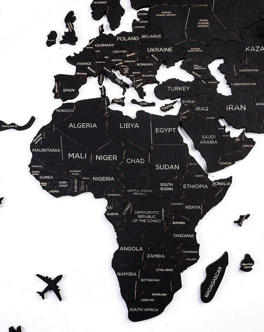 Mapa ścienna drewniane kontynenty w kolorze czarnym