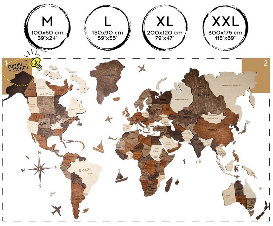 Drewniane malowanie 3D mapy świata w rozmiarze XXL