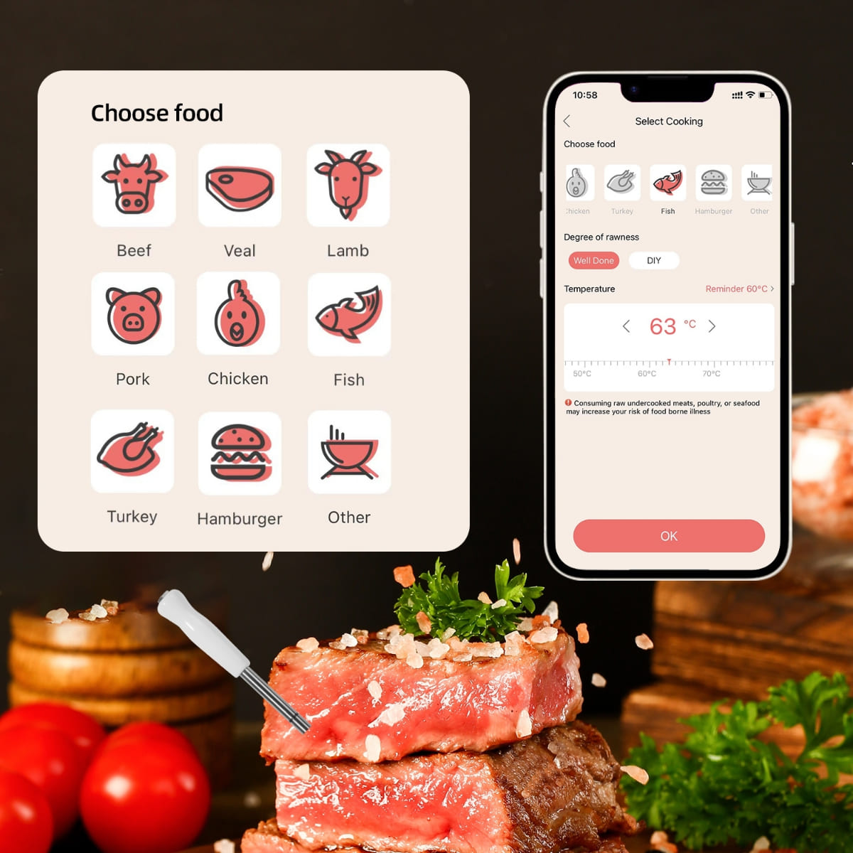 Termometr do grillowania mięsa - obsługa Bluetooth do 100m (aplikacja mobilna)