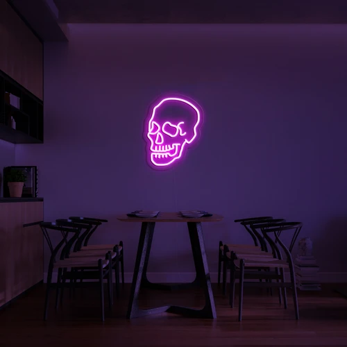 3D świecące neonowe logo na ścianie czaszki