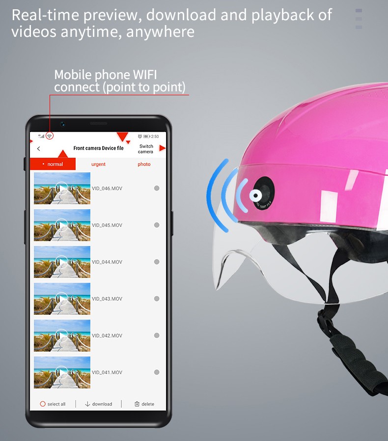 kamera na kask motocyklowy połączenie Wi-Fi za pośrednictwem smartfona z aplikacją