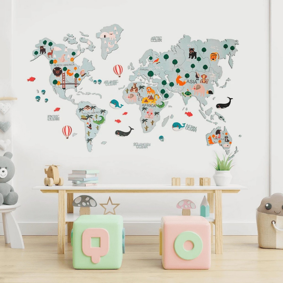 drewniana mapa świata 2d dla dzieci na ścianie