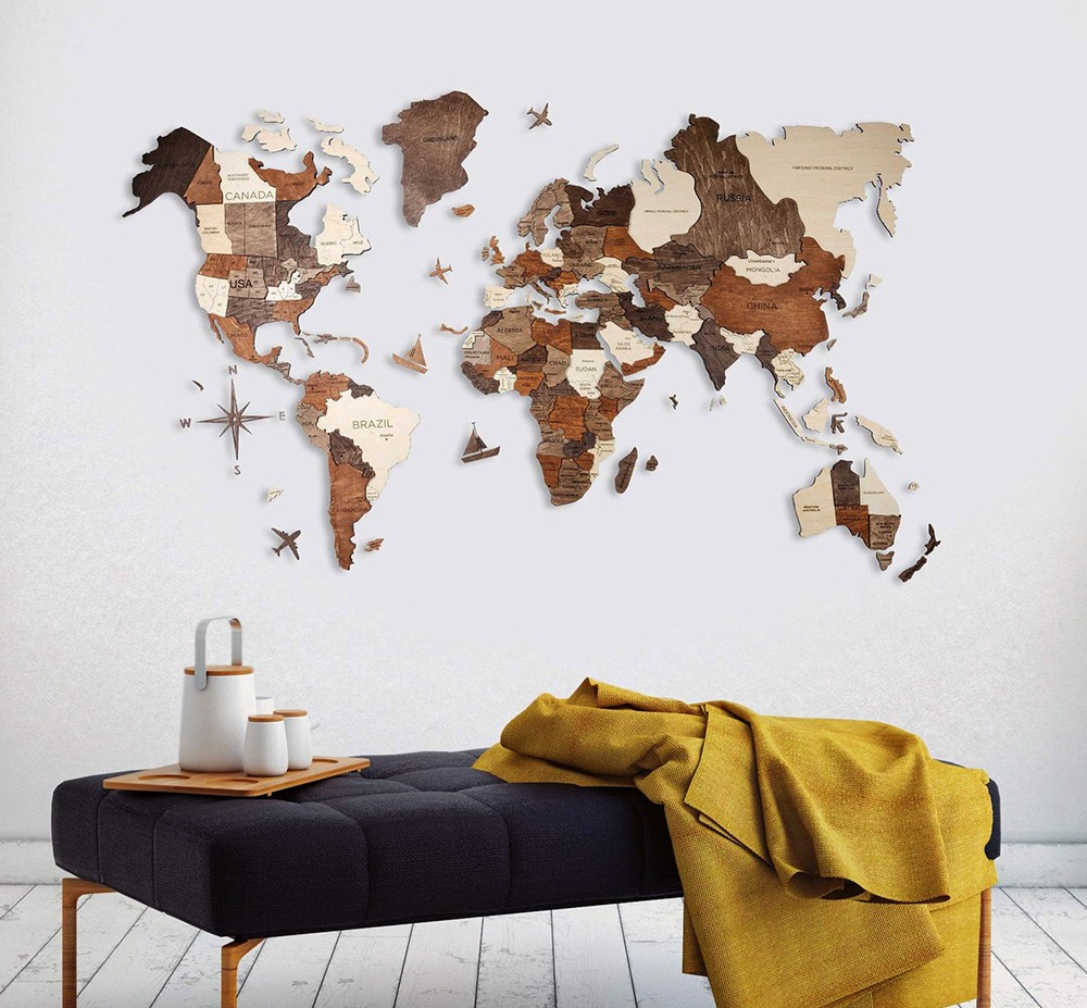 Obrazy 3D na drewnianej drewnianej mapie świata