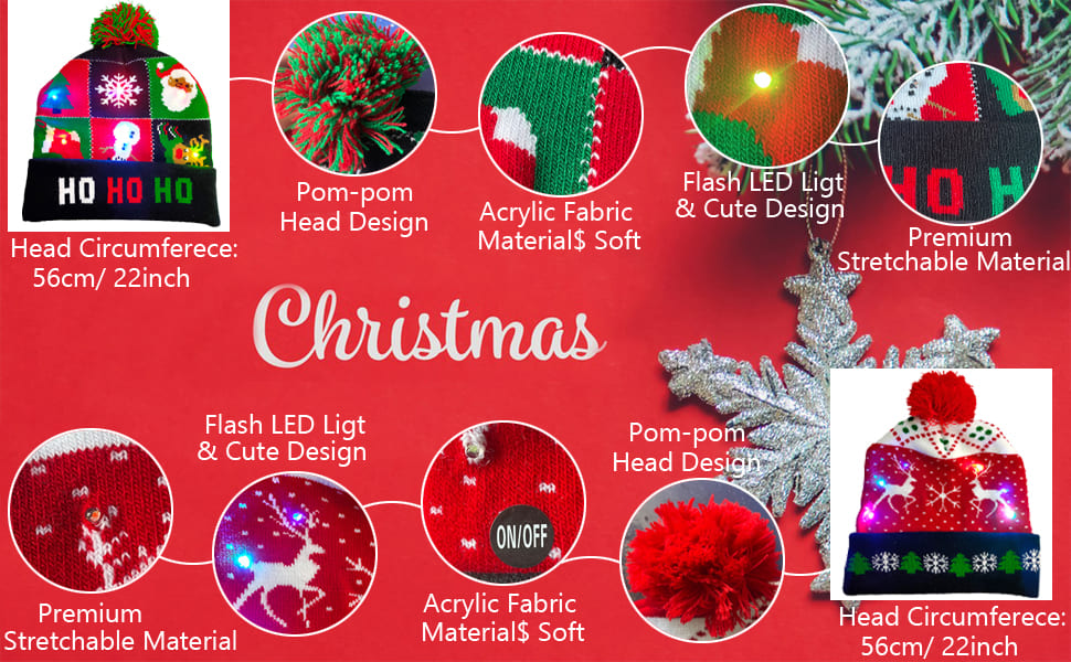 Czapki świąteczne na zimę z różnymi motywami (wzorami) podświetlane diodami LED